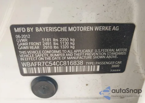 2012 BMW 535I z USA, uszkodzony, nr VIN WBAFR7C54CC816838